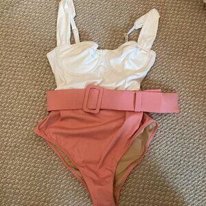 NWT Evarae Karissa belted corset swimsuit in chateau cream, US8/UK12
